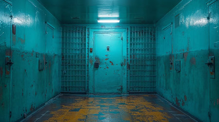 Prison building interior, empty jail cell, security bars cageの素材