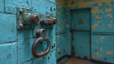 Prison building interior, empty jail cell, security bars cageの素材