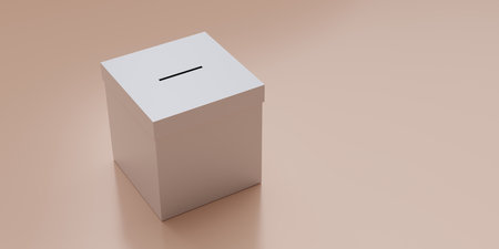 Election concept. White ballot box with a slot isolated on empty pink background. Voting box, space for text, close up above view. 3d renderの写真素材