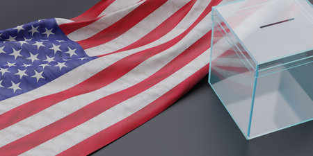 US America election concept. USA flag with patriotic star behind empty glass transparent ballot box...
