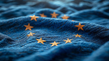 European union flag waving on blue sky, EU sign symbolの素材