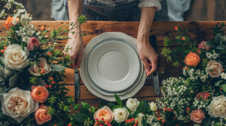 Easter table setting, easter eggs and flowers decoration on wooden background, top viewの素材