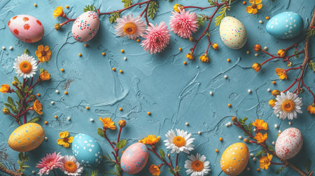 Easter eggs and flowers decoration, frame on pink background, copy space, greeting card templateの素材