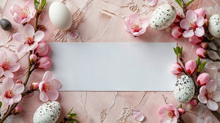 Easter eggs and flowers decoration, frame on blue background, copy space, greeting card templateの素材
