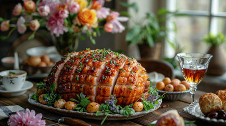 Baked ham glazed on table closeup, Easter holiday traditional menuの素材