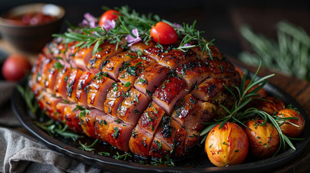 Baked ham glazed on table closeup, Easter holiday traditional menuの素材