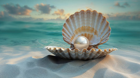 Pearl in an open shell , underwater, closeup viewの素材