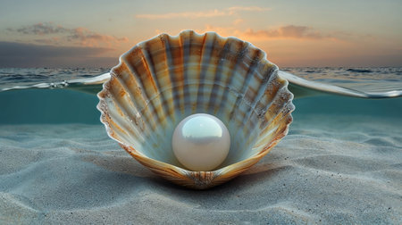 Pearl in an open shell , underwater, closeup viewの素材