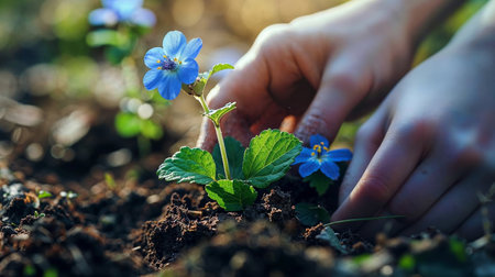 Gardener hands planting a flower, closeup. Spring garden worksの素材