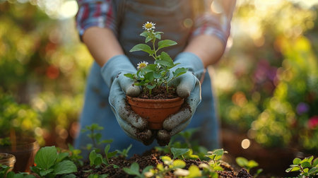Gardener hands planting a flower, closeup. Spring garden worksの素材