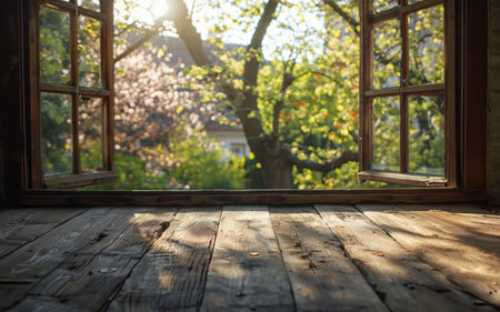 Empty wooden table with Spring garden view from open window, display templateの素材