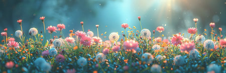 Spring field of colorful wild flowers, sunny day, wideの素材