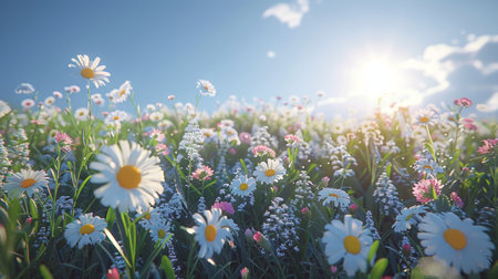 Spring field of colorful wild flowers, sunny day, wideの素材