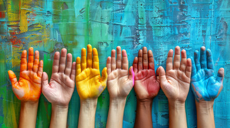 Diversity concept colorful people hands in a row, top viewの素材