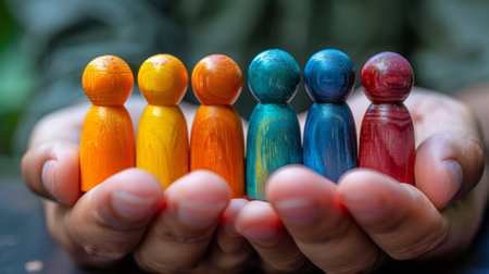 Colorful wooden chess pieces, Pawns of various colors in a row, diversity conceptの素材