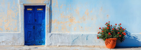 Blue door, traditional house detail in Greek island, Greece. Empty spaceの素材
