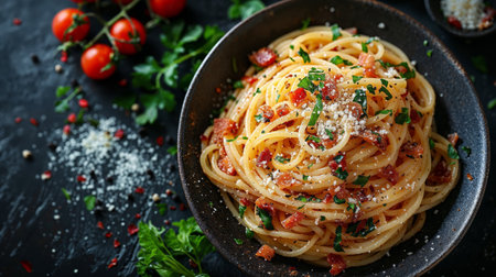 Spaghetti with tomato sauce and parsley in a black bowlの素材