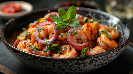 SautÃ©ed shrimp with herbs and spices in a panの素材