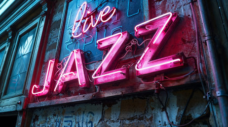 Nightclub neon live jazz sign in the city center. Chicago, Illinoisの素材