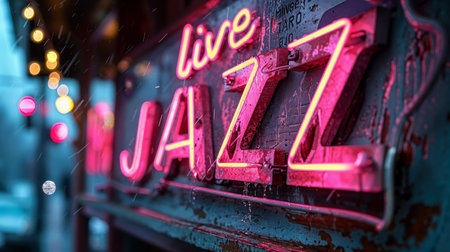 Nightclub neon live jazz sign in the city center. Chicago, Illinoisの素材