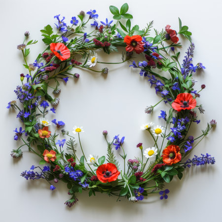 Spring flowers circle isolated on white background, Wildflowers wreath with empty spaceの素材