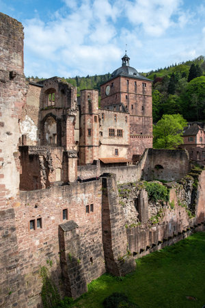 Germany, Heidelberg Schloss in Baden-Wurttemberg. Ancient Heidelberg Castle ruins, exterior of brick wall fortress in lush forest. Verticalの写真素材