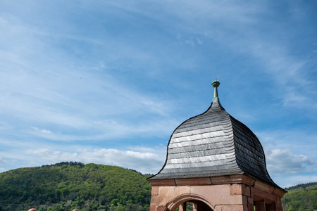 Heidelberg Castle, Baden-Wurttemberg, Germany. Upper part of watchtower at terrace. View of nature and sky, popular travel destination.の写真素材