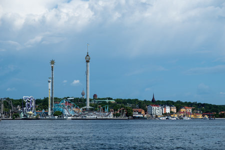 Amusement Park Grona Lund at Djurgarden Island Stockholm Sweden. View of famous seaside sightseeing...