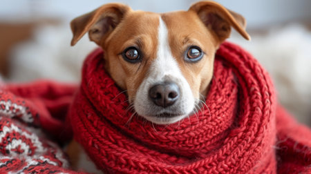Cute puppy dog wearing red scarf looking at camera, cold weatherの素材