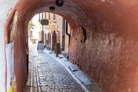 Stockholm destination Sweden. Arched stonewall covers narrow empty paved alleyway. View of outdoors menu of restaurant at Gamla Stan Old Town.の写真素材