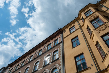 Sweden, traditional vintage building in Stockholm, holiday at Gamla Stan. Upper part of apartment for rent at Old Town, travel destination. Under viewの写真素材