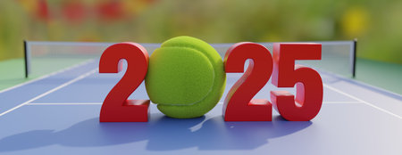 Tennis 2025. New year 2025 red digit number with yellow ball on sport court floor, outdoors open...