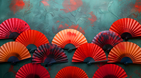 Oriental paper fans collection background. Japanese store displayの素材