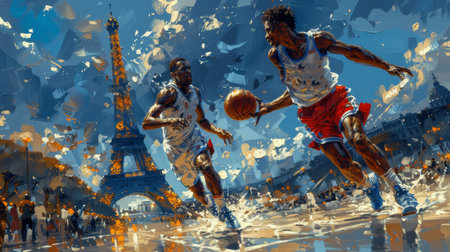 Basketball player and Eiffel tower, Basketball game in France, Olympic games 2024の素材