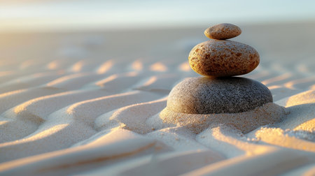 Zen stones stack on sand, Japanese garden, stability and balanceの素材