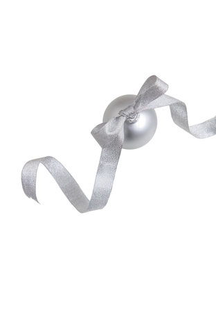 Christmas bauble with silver ribbon isolated on white. Xmas decoration, traditional winter holiday ornamentの写真素材