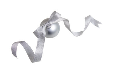 Christmas bauble with silver ribbon isolated on white. Xmas decoration, traditional winter holiday ornamentの写真素材