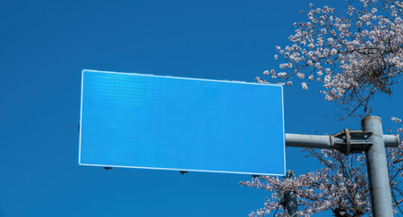 Empty blank road sign, blooming cherry blossom tree and clear blue sky background. Transport in Spring, Japanの写真素材