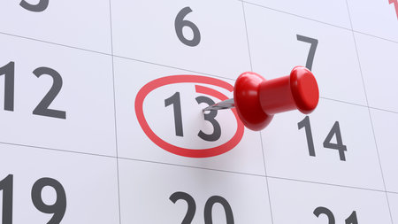 Red pin on marked calendar day 13, closeup view.  Friday the 13th concept. Bad luck date superstition, 3d renderの写真素材