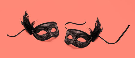 Carnival Venetian masks with black feathers decoration isolated on orange colorの写真素材