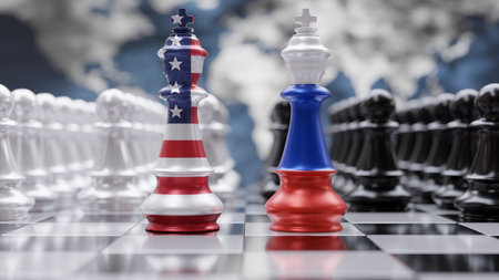 Russia and USA relation. United states of America and Russian flags on chess kings. 3d renderの写真素材