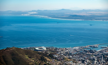 Cape town city aerial view from Table mountain cableway station, blue skyの写真素材