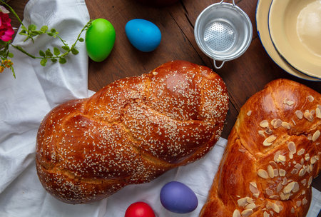 Easter sweet bread, two tsoureki braids and colorful Easter eggs on the table, top view