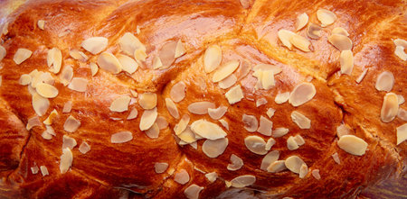 Easter sweet bread, Greek tsoureki braid background texture, Closeup view from above