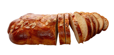 Easter greek tsoureki braid sliced isolated on white, Sweet bread brioche cut in slices