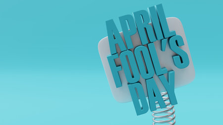 April fools day text sign on a spring on blue background, copy space, template. 3d renderの写真素材