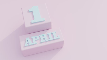 April fools day, April 1 calendar date, text on pastel pink color background, copy space. template. 3d renderの写真素材