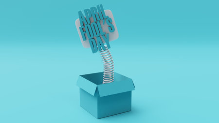 April fools day text sign on a spring on blue background, copy space, template. 3d renderの写真素材