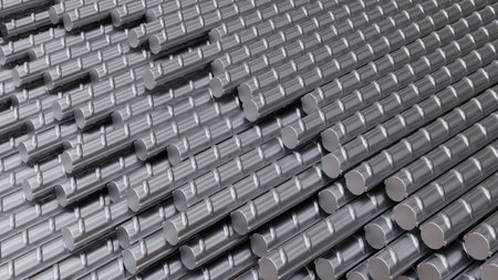 Reinforcement steel bars backgrpund. Building armature stack, closeup view. 3d renderの写真素材