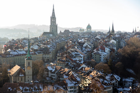 Switzerland, Bern cityscape, modern and traditional architecture buildings along the Aare river, view from aboveの写真素材